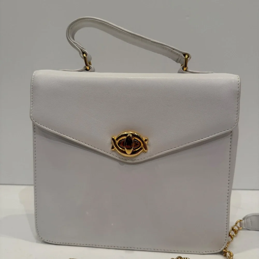 White Leather Top Handle Shoulder Bag‎ Chain Strap Gold Hardware